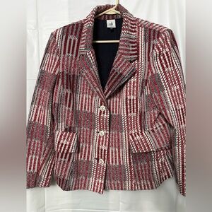 Cabi Patchwork Blazer in red and white with nautical anchor buttons size XL